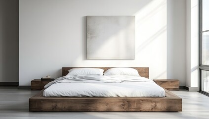 Minimalist bedroom with wooden bed frame.