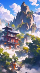 Obraz premium Serene Chinese Temple Landscape: Anime-Style Digital Art with Majestic Mountains and Lush Forests. AI-Generated Cinematic Scene for Marketing, UI Design, and Storytelling. Versatile 4K Illustration fo