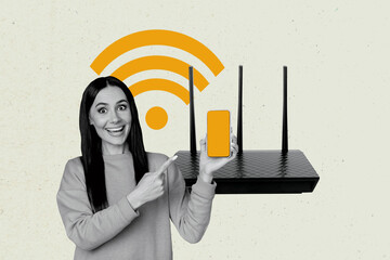 Creative collage picture young happy amazed girl pointing smartphone screen router signal wifi...