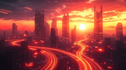 Fototapeta premium Futuristic Skyline Sunset Cityscape in Vibrant Digital