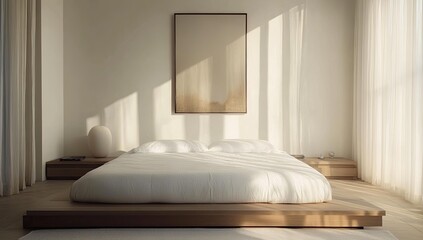 Minimalist bedroom with a platform bed and artwork.