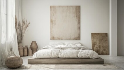 Minimalist bedroom with a wooden bed frame.