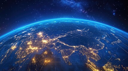 Obraz premium A digital world globe centered on Asia and the Middle East, symbolizing global connectivity, data transfer, and cyber technology.