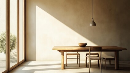 Minimalist dining room with wooden table and chairs.