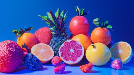 Vibrant Tropical Fruits. Pineapple, Oranges, Lemons, and Grapefruit on Blue Background