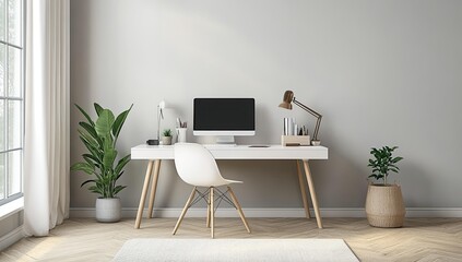 Minimalist home office with white desk and chair.