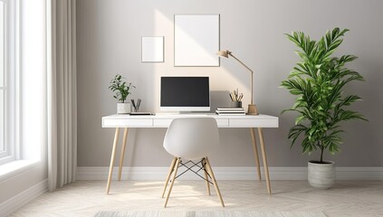 Minimalist home office with white desk and chair.