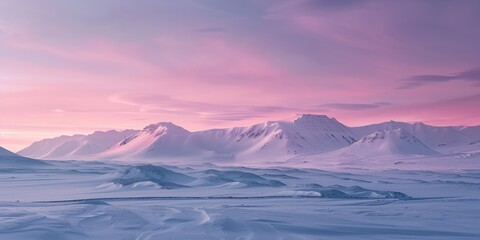 Stunning panoramic view of snow-covered mountains under a pastel sunset sky, creating a serene and tranquil winter landscape.