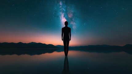 Fototapeta premium A minimalist statue of a human silhouette, crafted from black obsidian, standing alone on a vast, reflective surface, with a dark, starry sky overhead