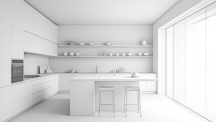 White kitchen with island and bar stools.
