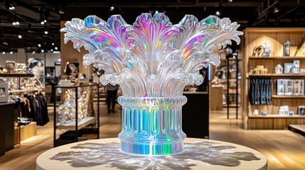 Colorful Iridescent Crystal Vase Display in Modern Retail Store with Luxury Decor