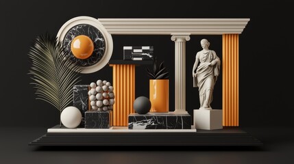 Modern Abstract Still Life with Orange and Black Geometric Shapes and Classical Sculpture