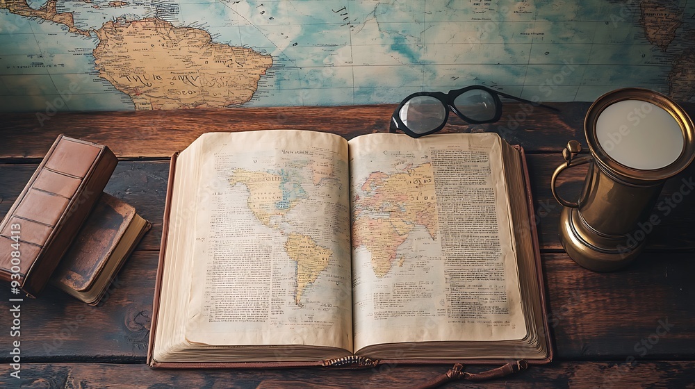 Poster open book with world map and vintage objects on a wooden table