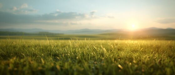  A field of green grass stretches out, sun setting in the distant horizon Mountains rise in the distance