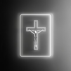 Obraz premium Glowing Neon Crucifix on Gray Wall. Modern Religious Symbol in Minimalist Style