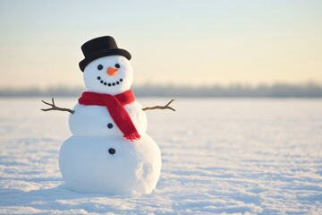 A snowman stands on the snowy field