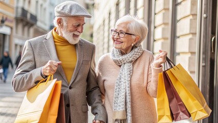 Happy senior couple enjoying a day of shopping together, walking arm in arm down a city street with shopping bags in hand. The image captures the joy of shared experiences, active lifestyle, and the w