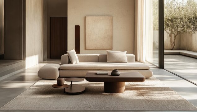 Minimalist living room with beige sofa and rug.