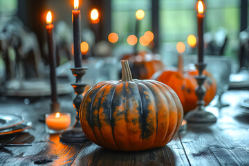 An autumn table is adorned with vibrant pumpkins and flickering candles, creating a warm and inviting atmosphere as dusk settles