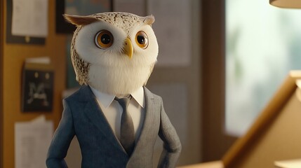 Chic ad shows a virtual owl in a suit sharing savvy investment tips with vibrant animations.