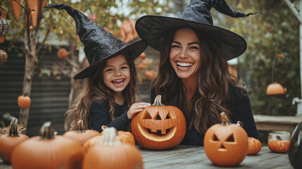 Fototapeta premium A mother and daughter in witch costumes, smiling and carving pumpkins together outdoors, surrounded by jack-o'-lanterns and autumn leaves.