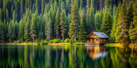 Fototapeta premium Cabin surrounded by pine trees on the edge of a lake, cabin, pine trees, lake, nature, tranquil, peaceful, serene, remote