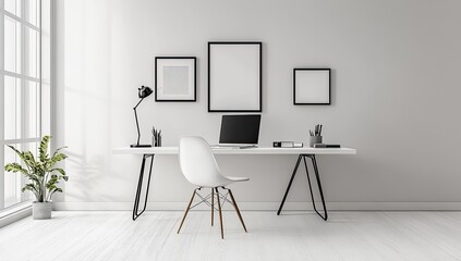 Minimalist white home office with black accents.