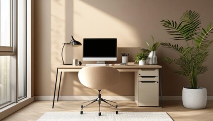 Home office with a computer, chair and plants.
