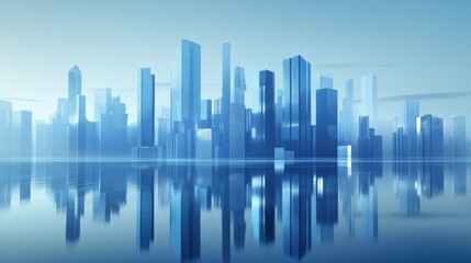 Fototapeta premium A graphic perspective of modern skyscrapers in a smart city, with reflections and blue tones, perfect for corporate brochures.