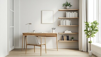 Minimalist home office with wooden desk, chair, and shelves.