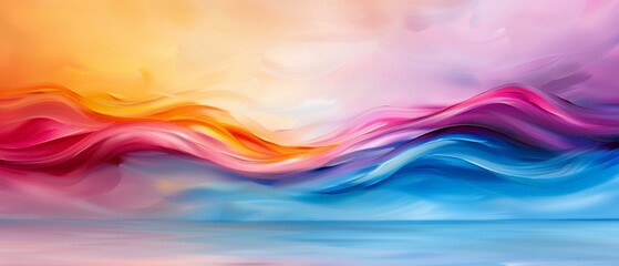 Obraz premium A rainbow-hued wave cradles a blue ocean, surrounded by a white sky In the foreground, a tranquil expanse of blue water lies beneath