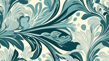 Vintage Teal Floral Pattern Background with Abstract Leaves and Swirls