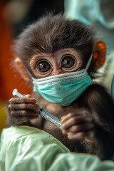 Colour photograph of a cute little monkey wearing a surgical mask, holding a syringe in its paws