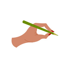 A woman's hand writes something with a pencil. Vector illustration.