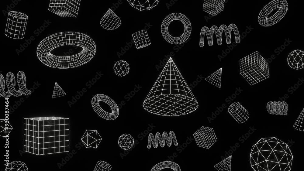 Poster set of y2k retro futuristic cyber wireframe grid white shapes on black background isolated. back to 