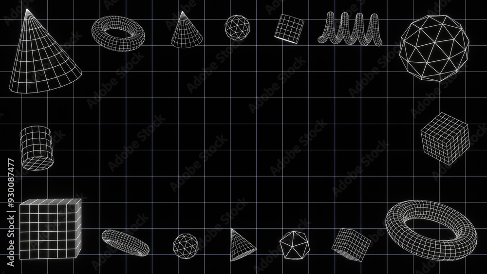 Poster 3d render set of cyber futuristic wireframe grid square white geometry math shape objects on black b