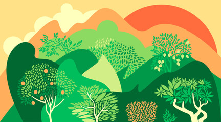 Apple and lemon orchard. Hilly landscape with fruit trees. Vector illustration.