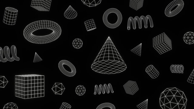 Set of y2k retro futuristic cyber wireframe grid white shapes on black background isolated. Back to school template objects - cube, triangle, sphere, globe, torus, spiral Geometry concept illustration
