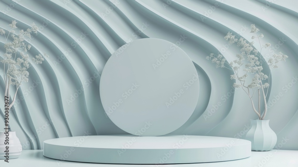Aufkleber A stylized podium features a circular display in front of a soft blue background with fluid lines, adorned by minimalist floral arrangements