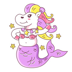 graceful, beautiful, cute mermaid unicorn cartoon illustration. The concept of fantasy animals in children's dreams. Good for children's t-shirts, stickers and others