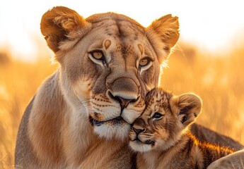 A lioness gently nuzzling her cub in the golden light of the savannah