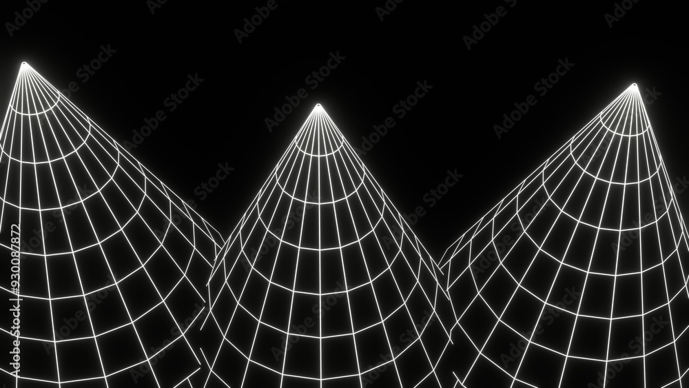 Poster 3d render abstract futuristic cyber y2k shape of wireframe neon white grid triangle on black backgro