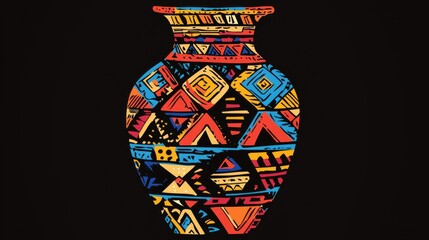 Colorful Geometric Tribal Pattern Vase on Black Background. Modern Ethnic Art