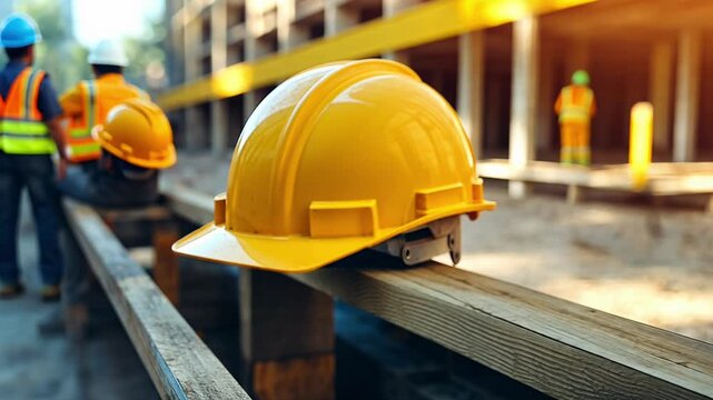 Workers in safety gear assist with a construction project, focusing on teamwork and site safety in the afternoon light.