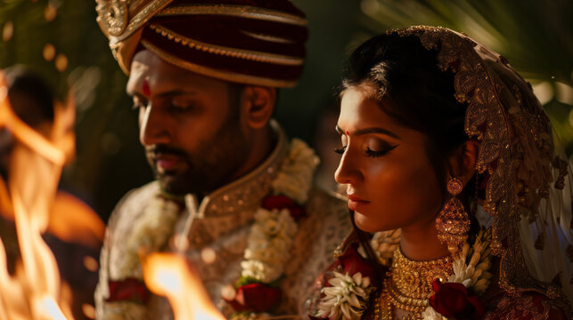 Indian wedding couple during the phera ceremony, walking around the hawan