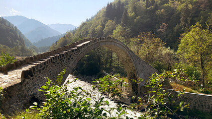 Çamlıhemşin, Rize, Turkey, 15 October 2021. Stone bridge on Firtina Stream in Camlihemsin, Rize....
