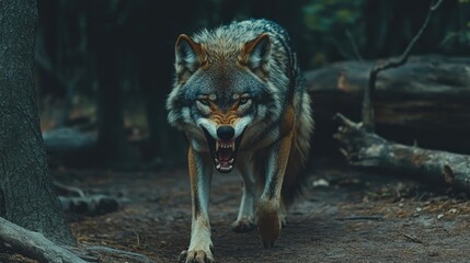 A lone wolf snarling as it walks through a forest, symbolizing solitude, aggression, and survival in the wild.