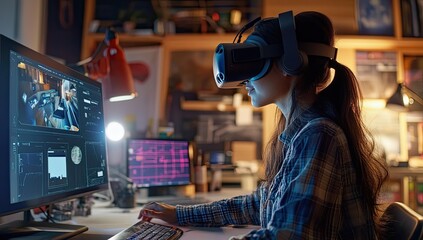 Obraz premium Woman wearing VR headset working on computer.