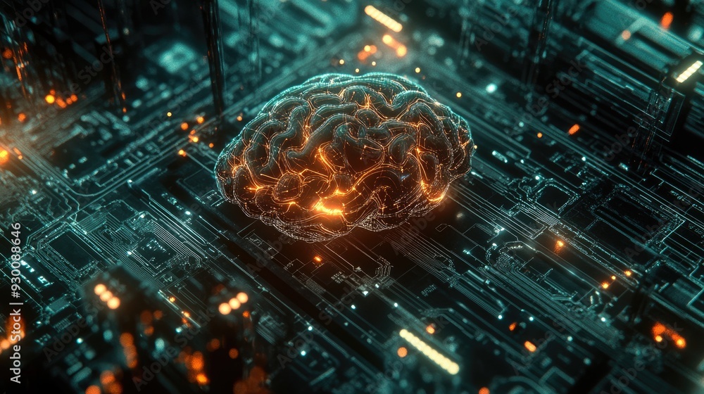 Poster a neural circuit and cyber brain in a quantum computing system, symbolizing ai technology, biotech i