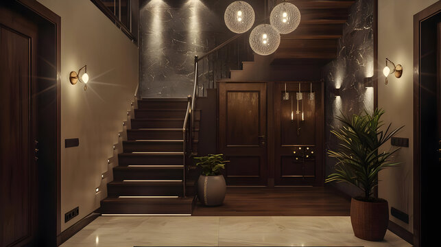 Modern Interior Design with Wooden Stairs and Elegant Lighting - 3D Illustration